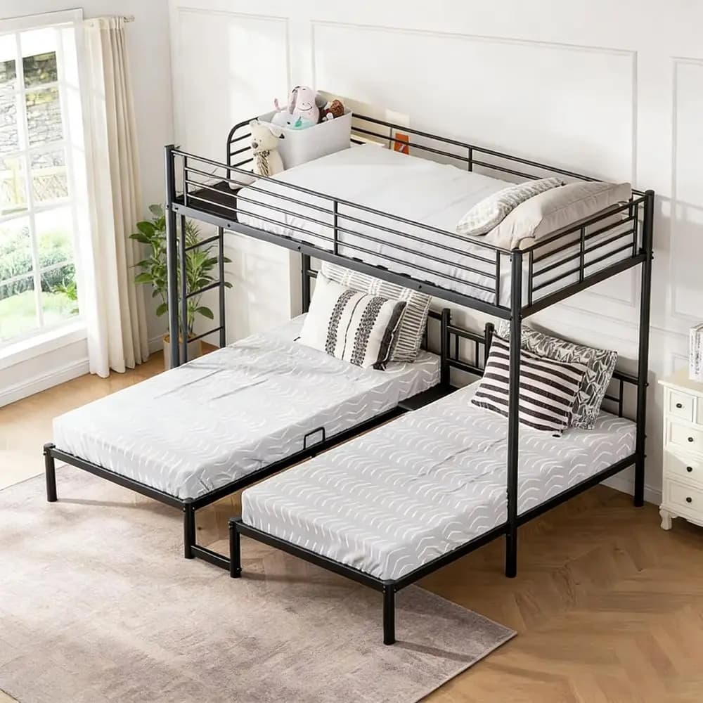 Robusto letto a castello triplo con letto singolo XL, letto singolo, letto singolo, scrivania, ringhiera di protezione, scaletta, struttura in metallo, contenitore, non richiede rete a molle