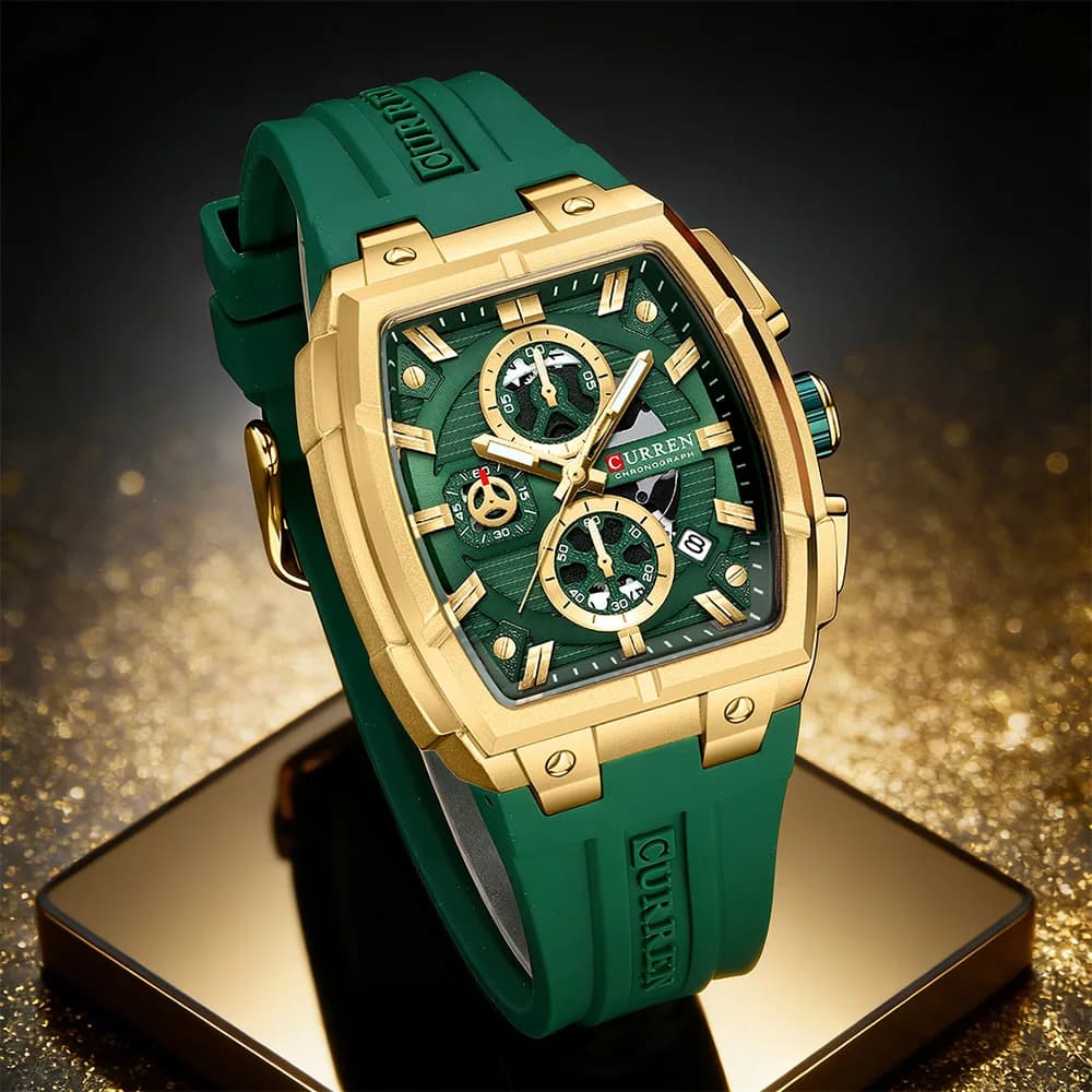 CURREN Vintage men's luxury watch, quartz sports chronograph with silicone strap, date, bright