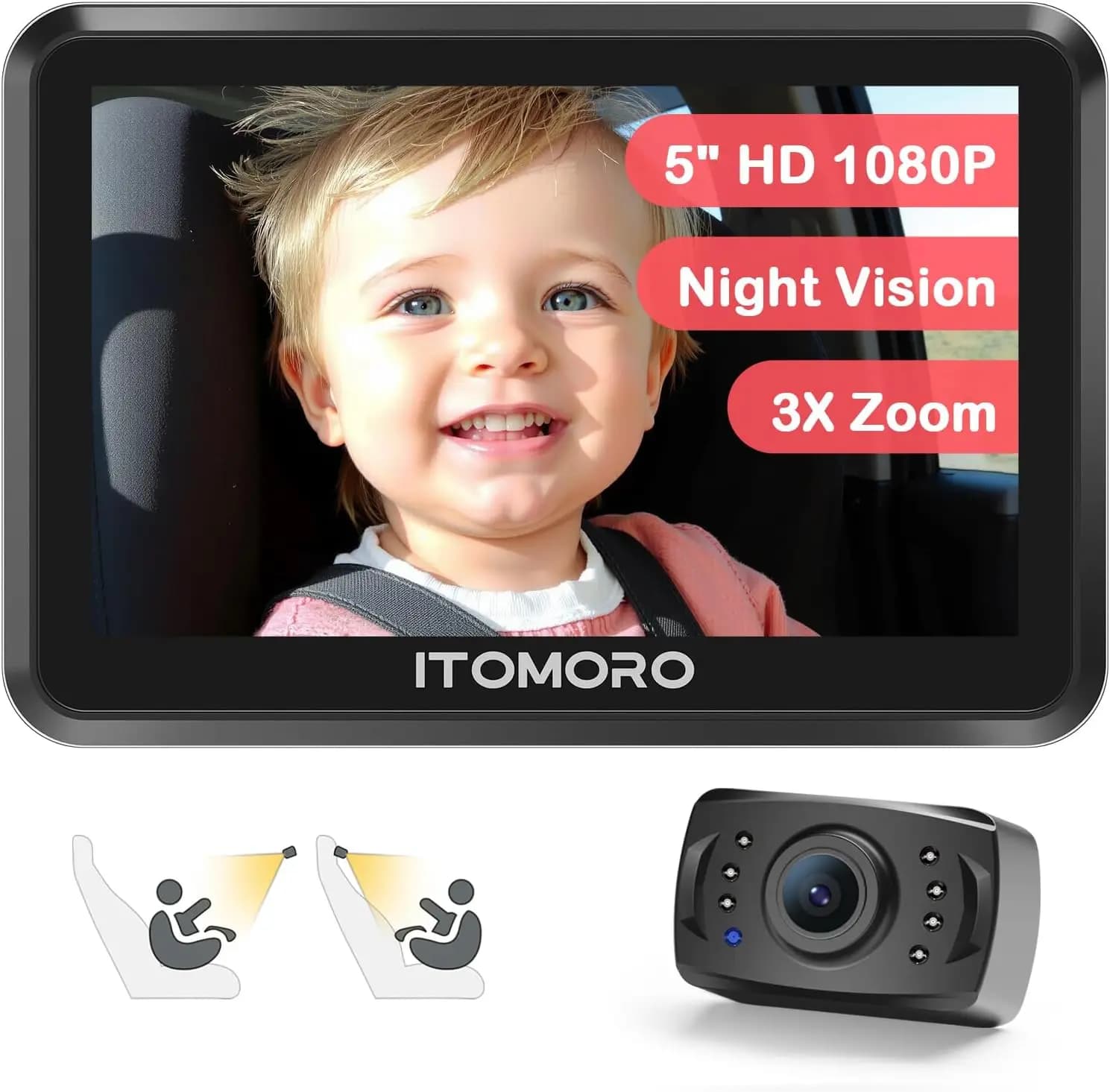 Telecamera per auto per bambini 5'' 1080P con zoom 3X, visione notturna IR, 360 ° Monitor per Bambini Girevole e Regolabile per Auto, Telecamera per Seggiolino Auto Facilmente Installabile