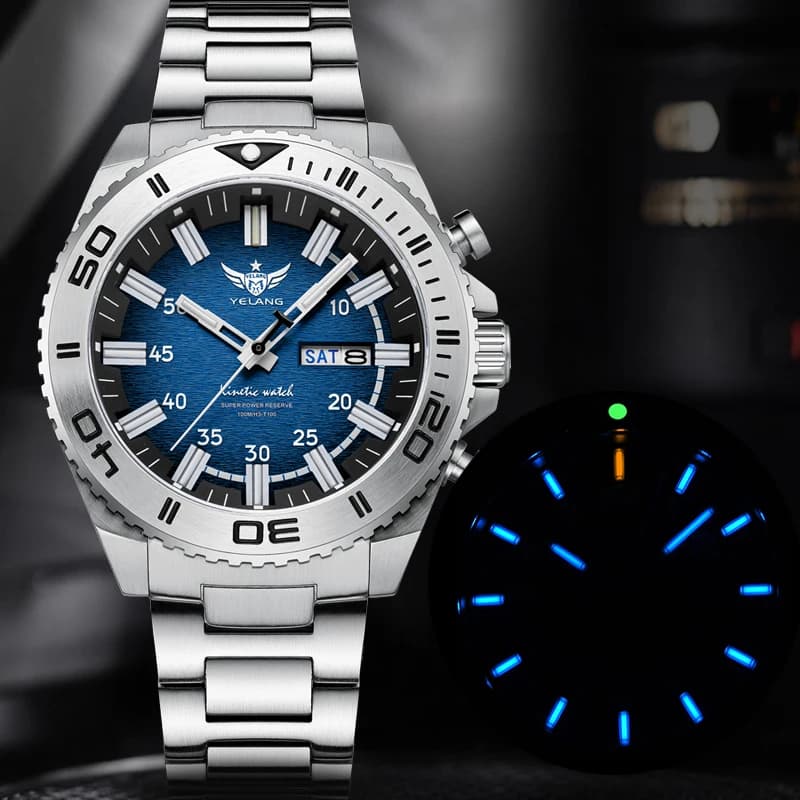 Yelang Orologi V1035 44mm Orologio subacqueo da uomo Orologio a energia cinetica umana 100m Orologi impermeabili luminosi Giappone PX83 Zaffiro