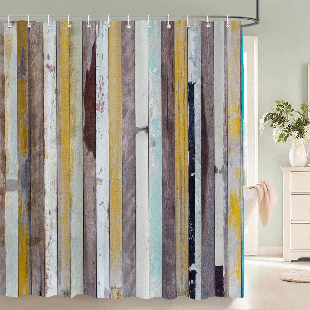 1Pcs Imitation wood grain printed fabric waterproof shower curtain, stripe pattern bathroom decoration curtain, with hooks