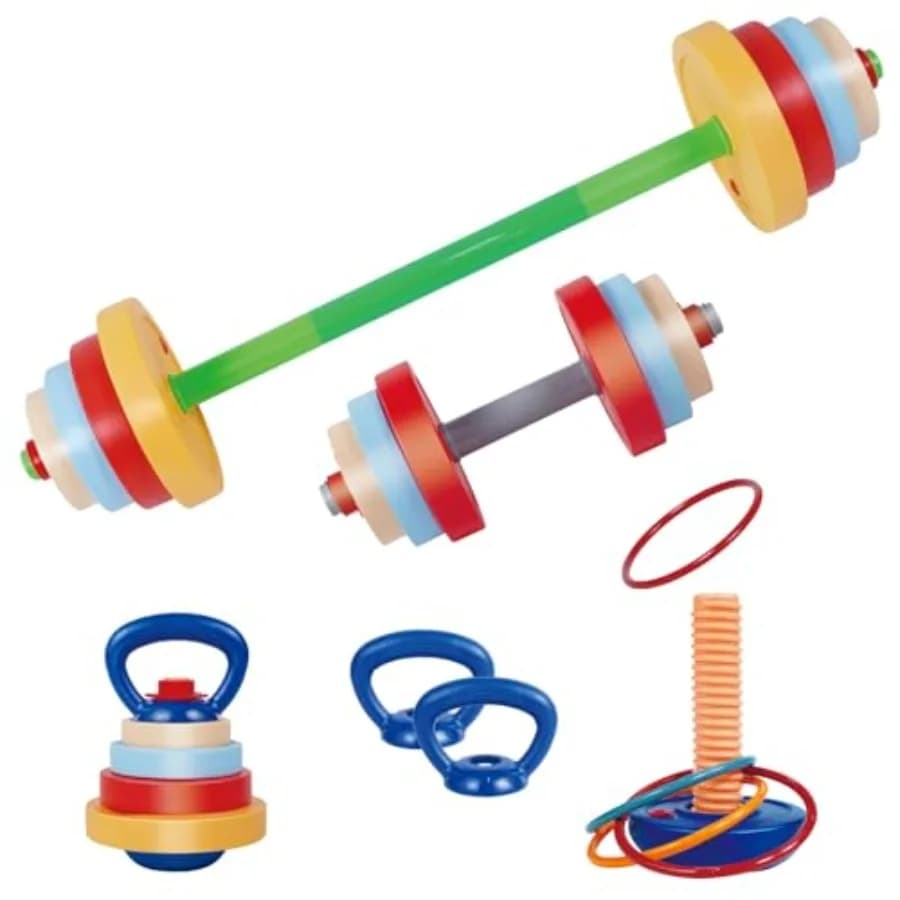 Set di Pesi 5-in-1 — Pesi Regolabili e Riempibili per Bambini, Set da Palestra con Bilanciere, Manubri, Kettlebell, Anelli per Lancio e Attrezzi per Flessioni