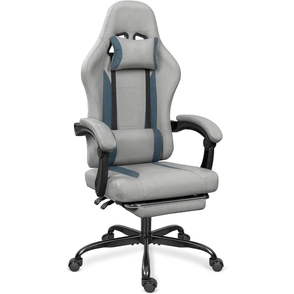 Sedia da Gaming Traspirante e Regolabile con Poggiapiedi per Casa e Ufficio, Grigio Chiaro e Blu