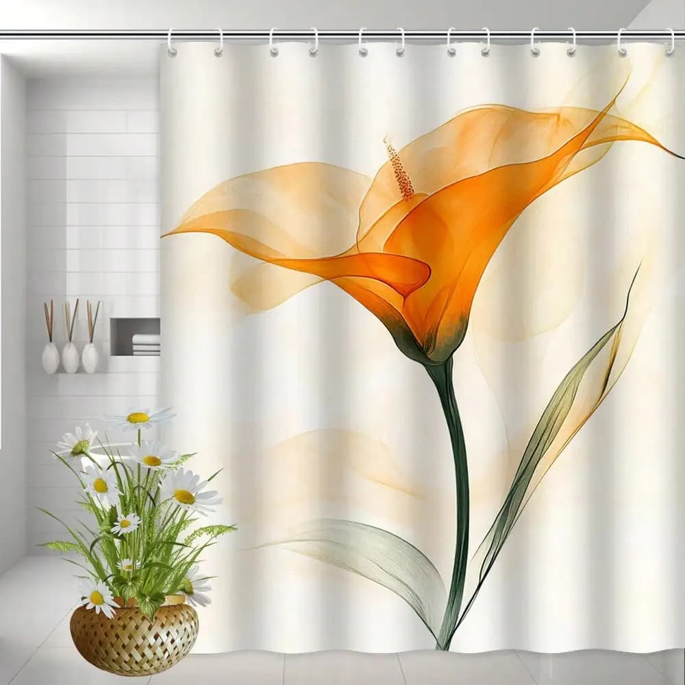 Tenda da doccia floreale extra large da 1/4 pezzo - Elegante disegno di calla in acquerello, vivaci fiori arancioni su un sfondo beige