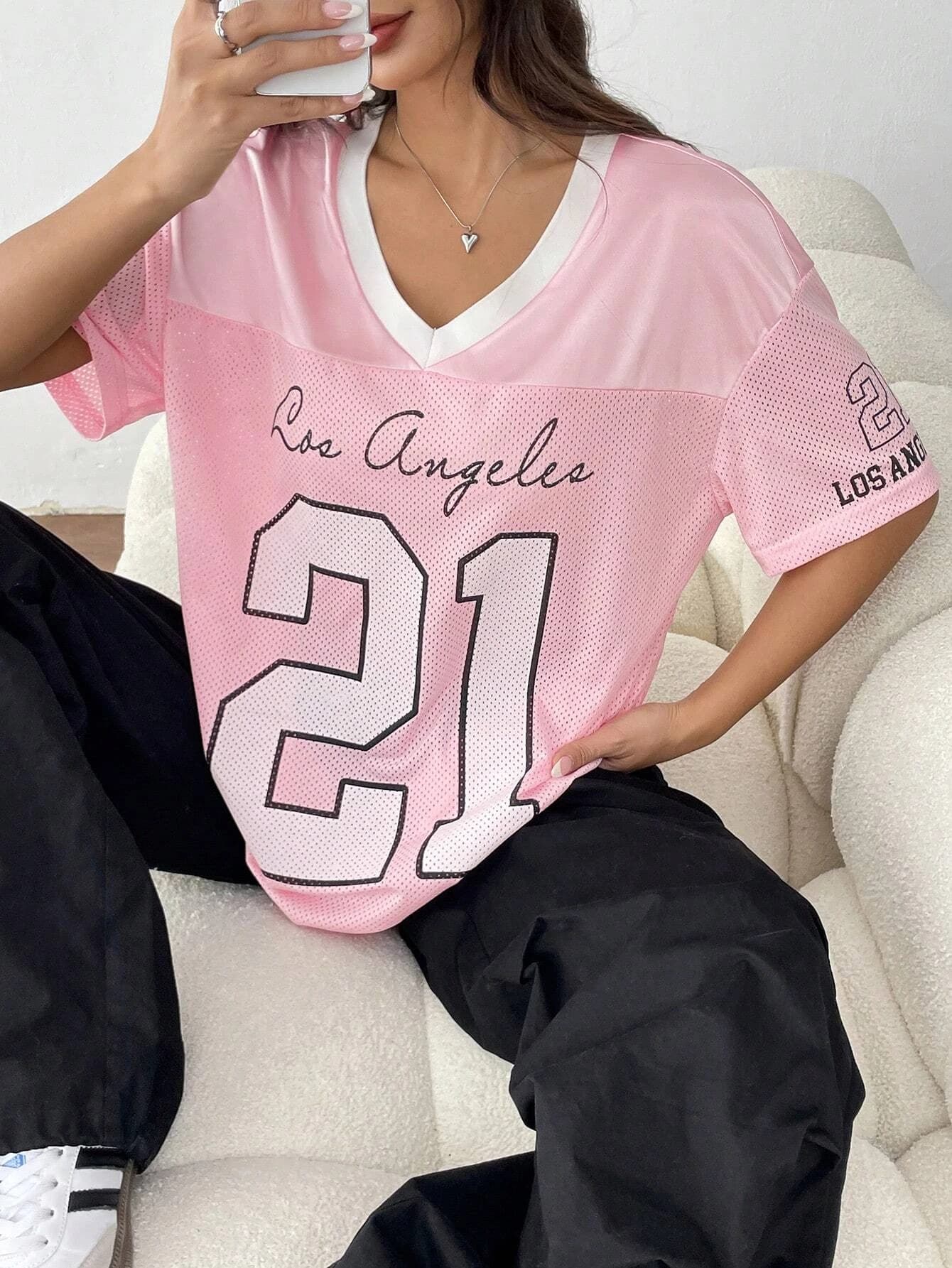 T-shirt casual a maniche corte alla moda con scollo a V rosa da donna Estate ad asciugatura rapida Abbigliamento sportivo traspirante Top oversize