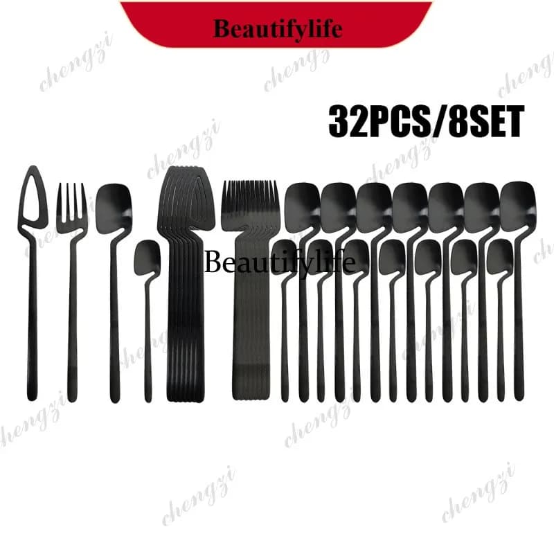 Set di posate YL da 32 pezzi nero opaco in acciaio inossidabile 304, set di stoviglie con coltello, forchetta e cucchiaio, set da cena per bar, feste e cucina.