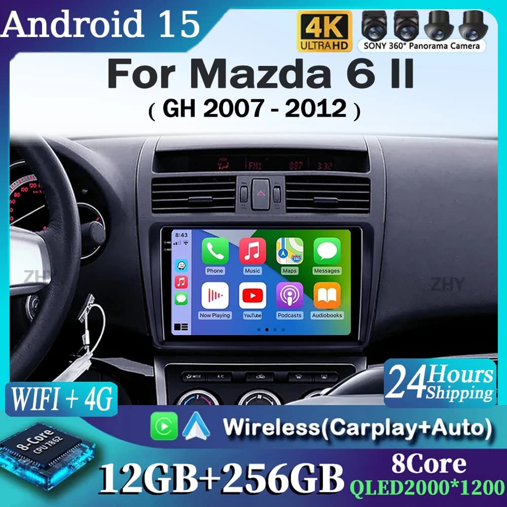 Per Mazda 6 II GH 2007 - 2012 Android 15 12 + 256GB 4G WIFI Autoradio Carplay Auto Multimedia Stereo Video Player Navigazione GPS