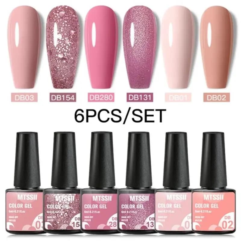 Mtssii Set di 6 Smalti Gel Glitter Rosa, Smalto Semipermanente con Paillettes, Base Opaca e Top Coat, Smalto Gel LED UV per Nail Art