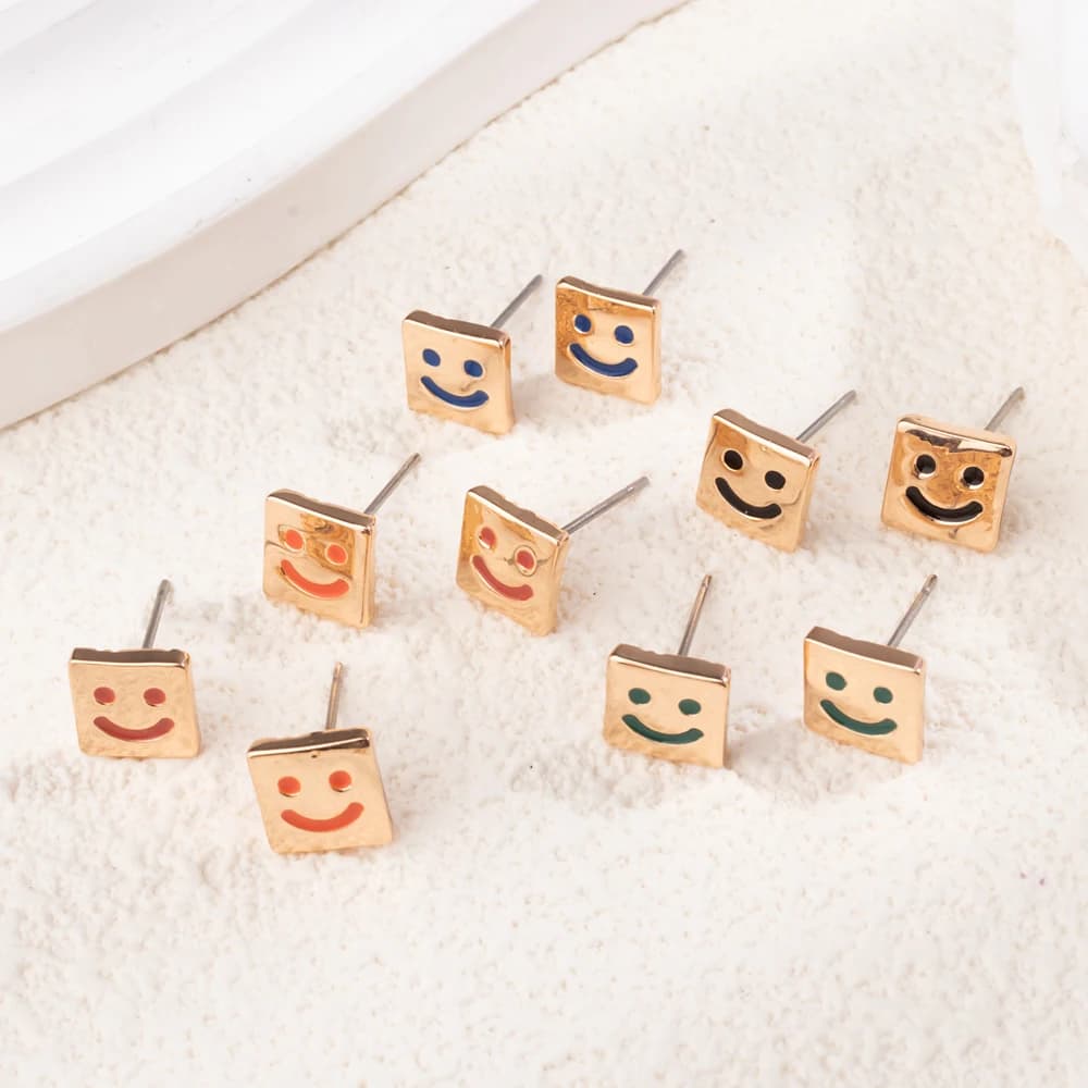 BEUTIFOR 8*8mm Gold Color Alloy Happy Face Stud Earring for Women Square BeadsDrip Oil Piercing Earring Fashion Jewelry 2024