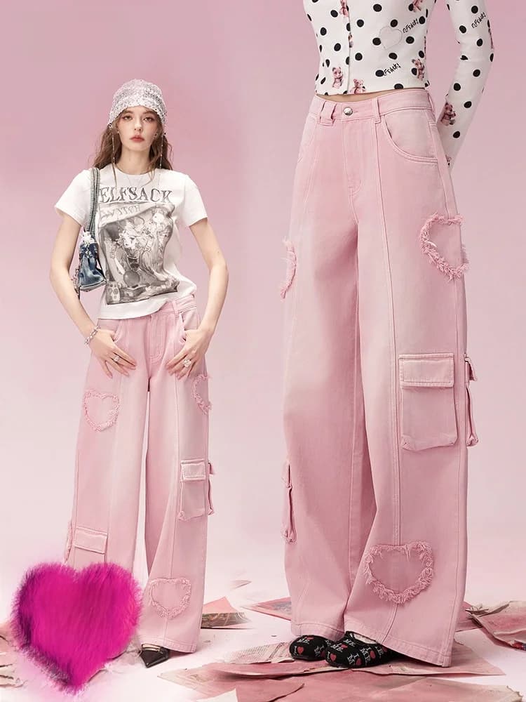 Loose Women's Jeans Heart Pattern Elf Sack Pocket Pink Casual Style Natural Waist Button Closure Spring Fashion Ladies