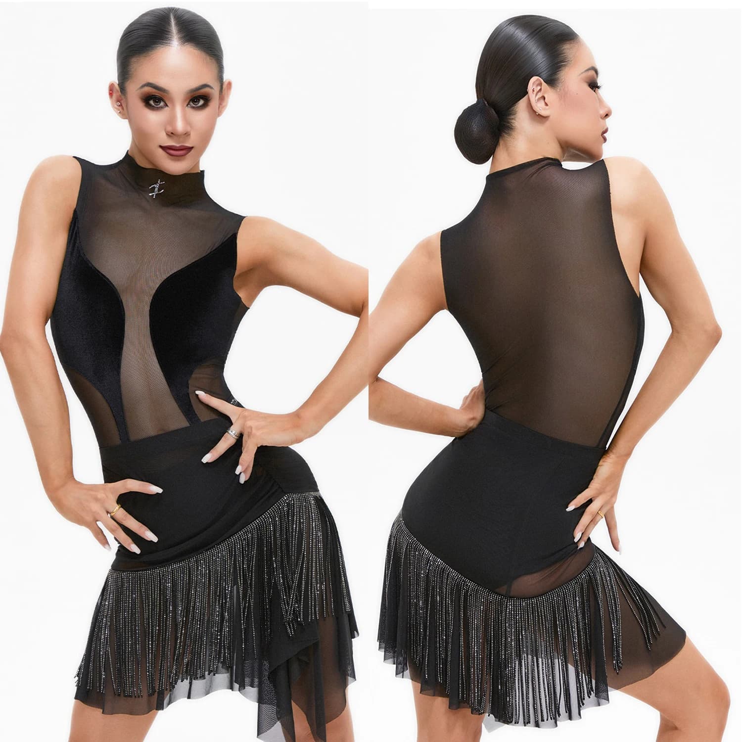 Abiti da ballo latino sexy Donna Top in rete Gonna con frange di strass Cha Cha Rumba Costume da spettacolo di danza Abito da gara DNV24741