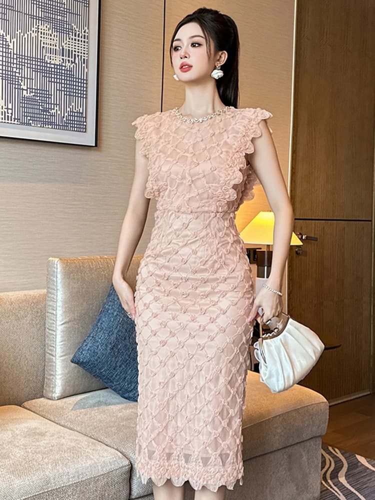 Women's chic dance dress pretty sweaty pink flowers diamonds dress fit woman date party dresses Mujer