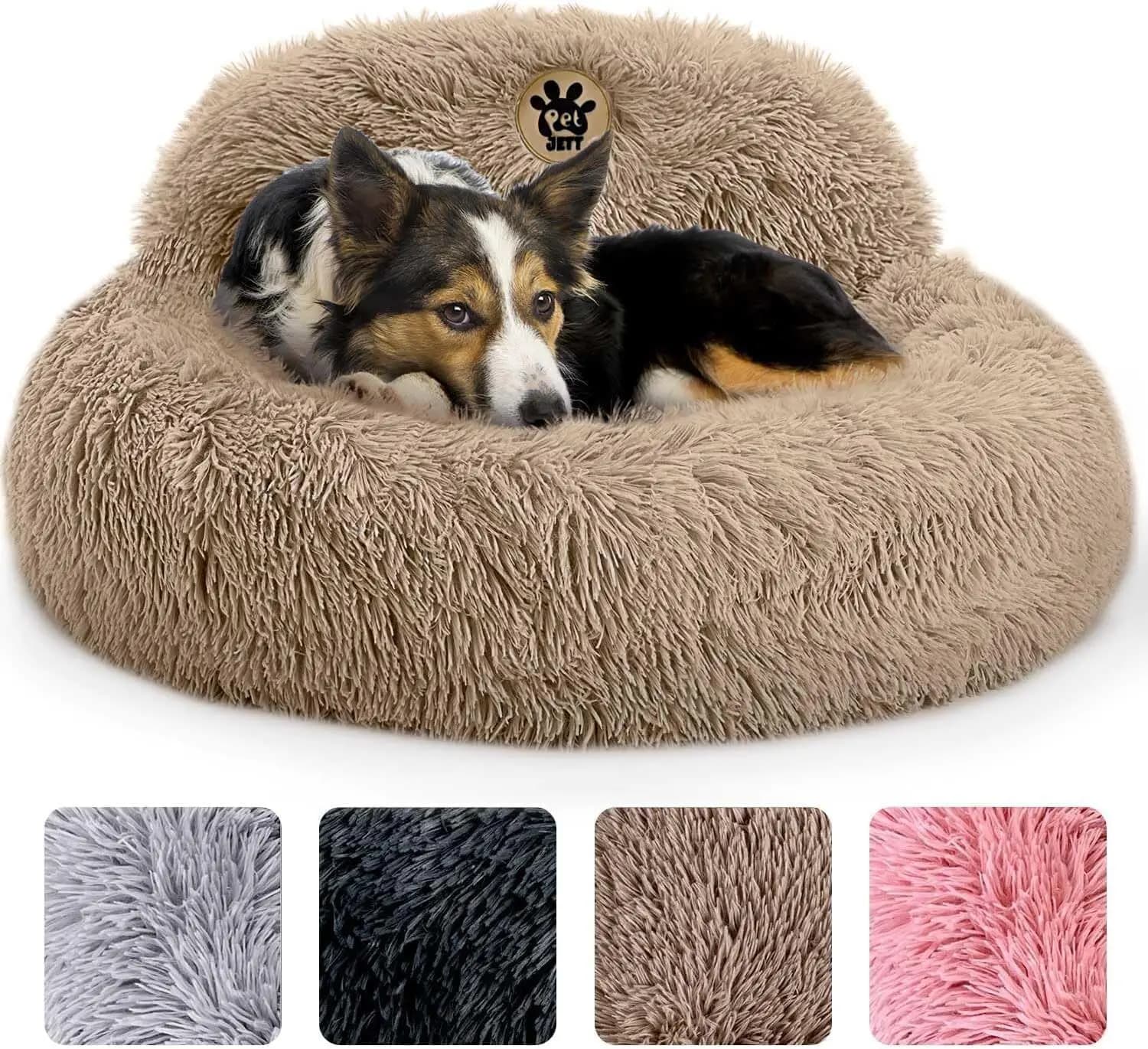 Cuccia rotonda calmante per cani da 30'' antiscivolo, lavabile, in morbido peluche, a forma di ciambella, per cani fino a 20 kg, beige