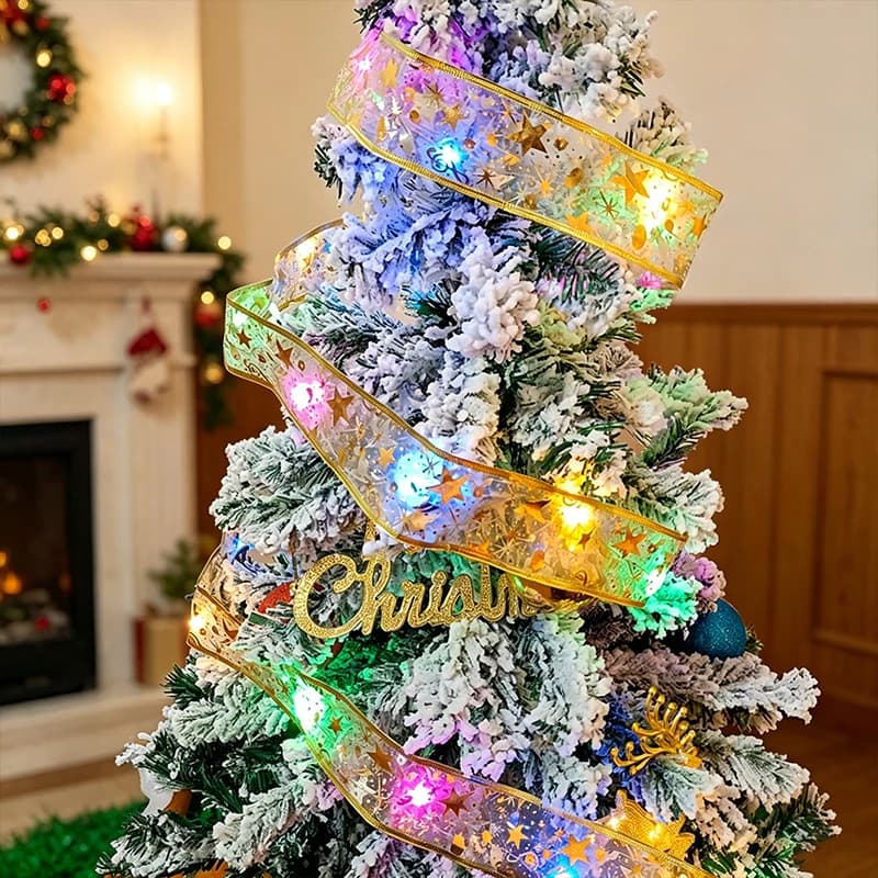 LED Christmas Ribbon Fairy Lights Battery‑Powered Flexible Star Print Organza Ribbon Lights Versatile Xmas Ornament for Tree
