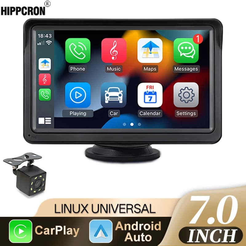Hippcron Autoradio da 7 pollici con Carplay wireless e Android Auto wireless, lettore multimediale con touch screen e AUX USB per telecamera