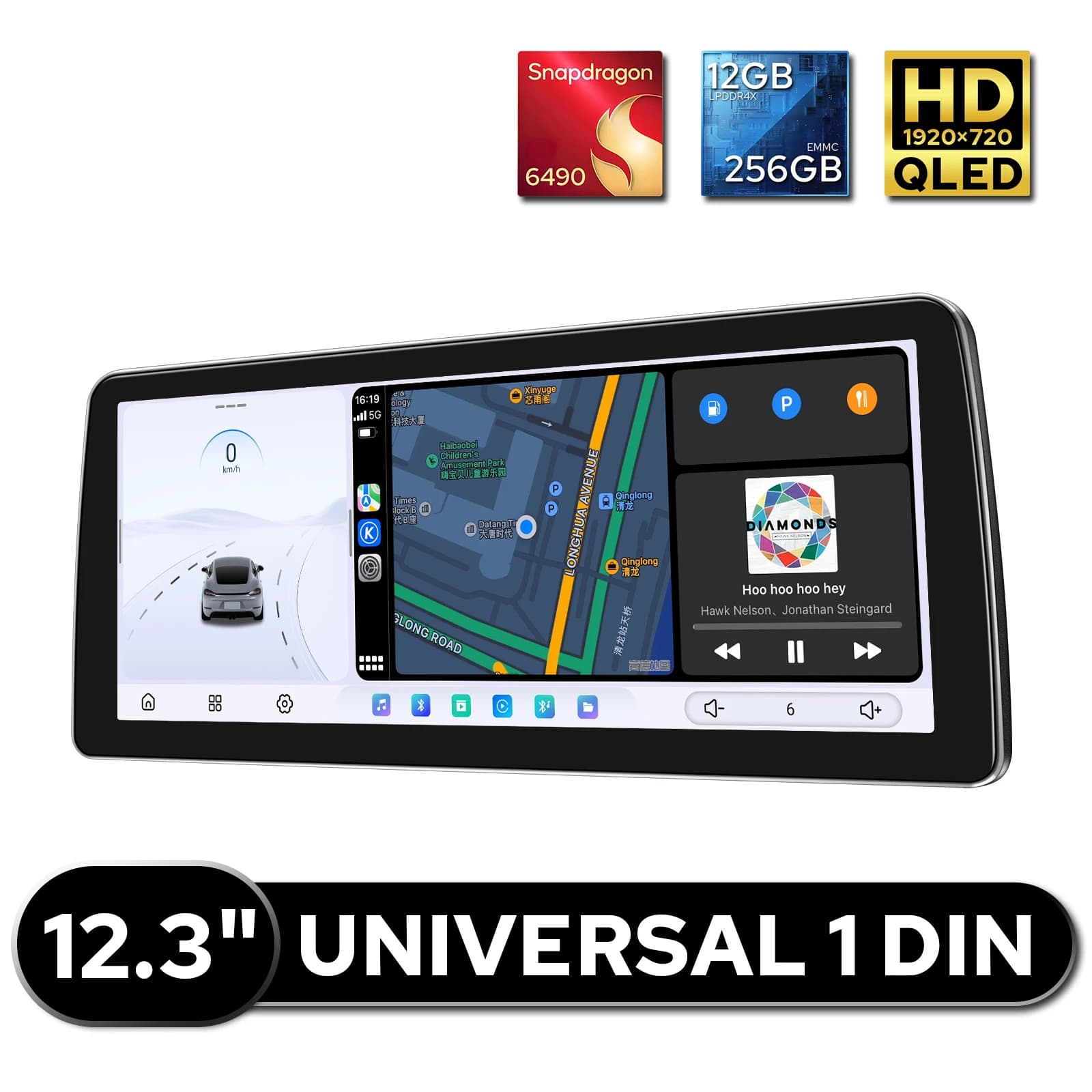 JOYING Autoradio Universale Android 12.3'' Trapezoidale QLED 1920×720 Touch Screen 12GB 256GB USB Type-C 360 ° Jack per Fotocamera