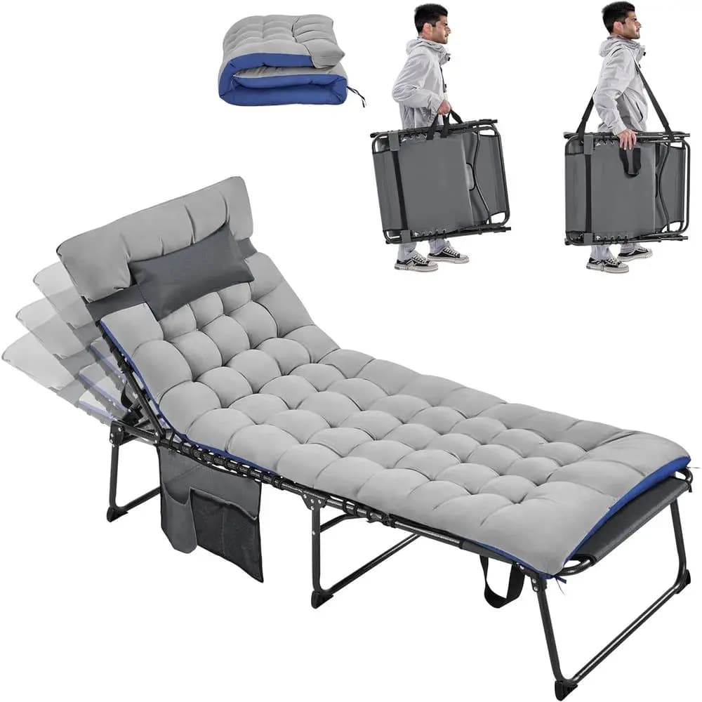 5-Position Adjustable Tanning Chair with Cushion for Outdoor Patio, Poolside, or Lawn (Gray)