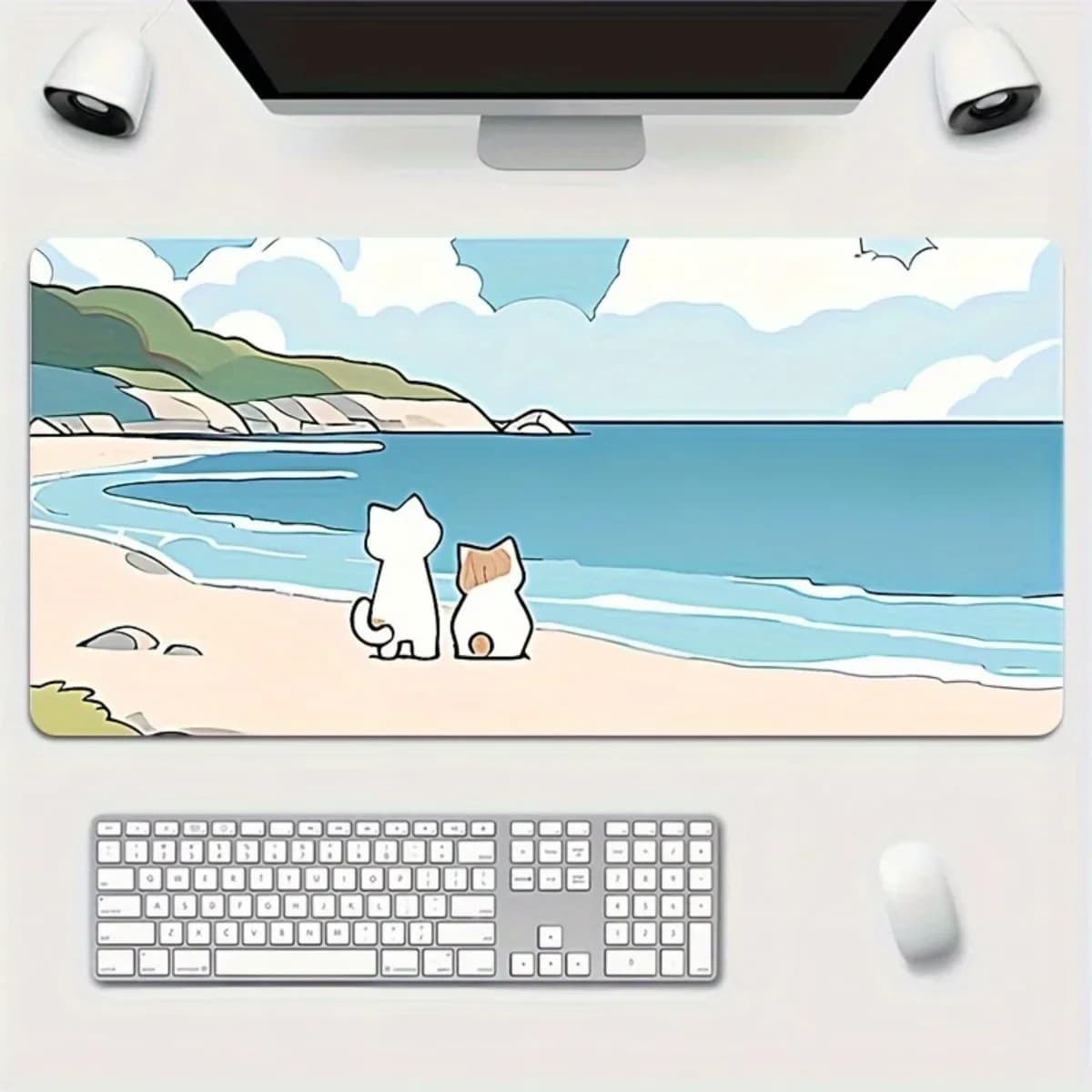 Premium Rubber Mouse Pad Cute Seaside Cat Design Non-Slip Stitched Edges Soft for Office Gaming Ideal Gift Choice