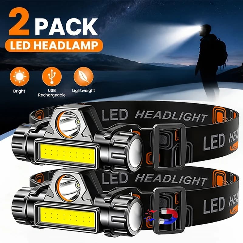 Super Bright LED Headlamp Rechargeable Waterproof Flashlight With XPE COB Beads And Tail Magnet Dual Light Sources Work Light