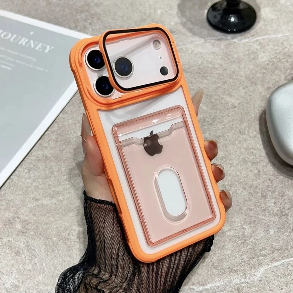 Luxury Slot Card Holder Wallet Clear Case For iPhone 13 14 15 16 17 18 Pro Max Air plus Fold Lens Stand Holder Shockproof Cover