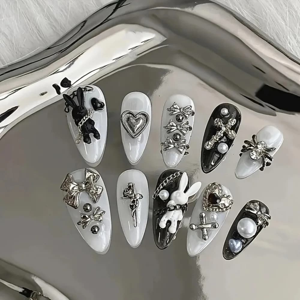 NEW 10pcs personalized black and white nail art, rabbit and bow decoration - Gothic minimalist style, suitable for daily wear