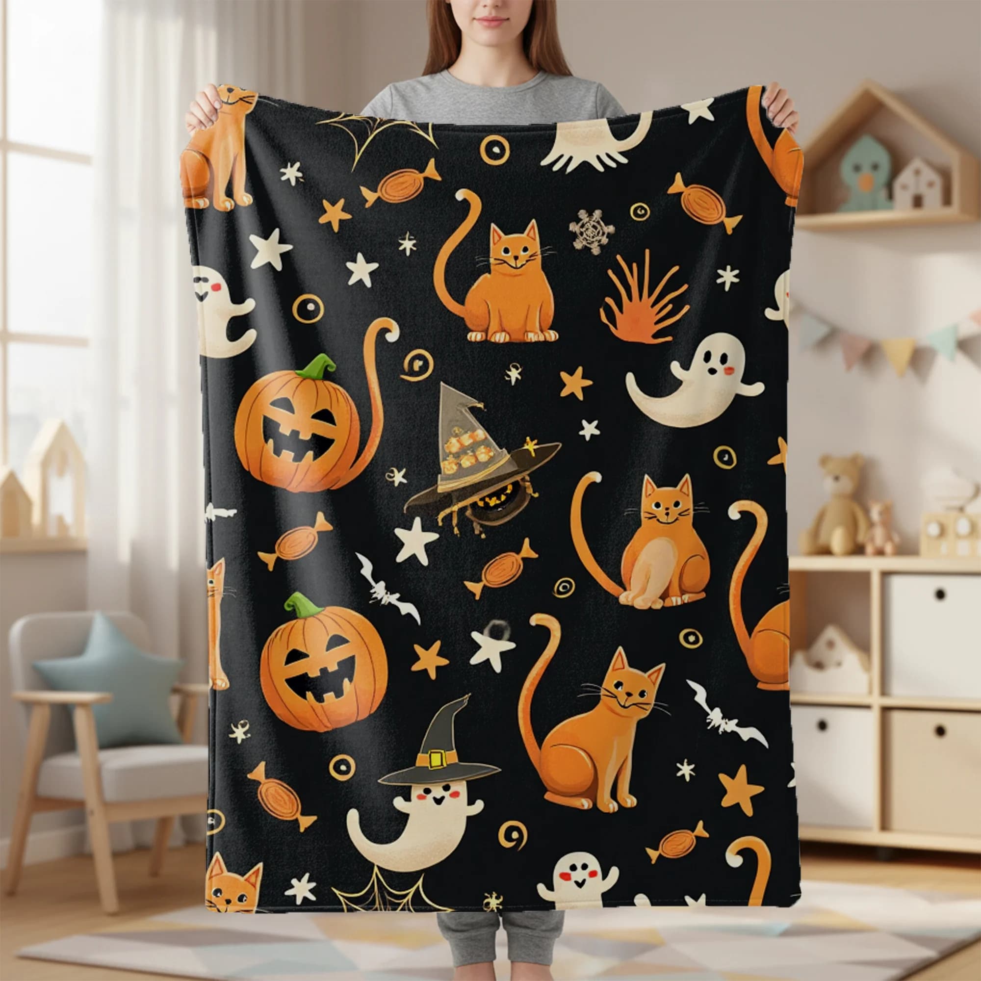Halloween Flannel Throw Blanket Suitable for All- Cozy Bedspread with Playful Orange Cats, Ghosts & Jack-o'-Lanterns on Black -