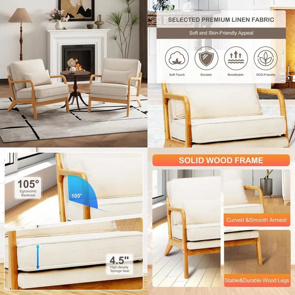 Coppia di Sedie in Legno Massello Stile Vintage con Cuscini Lombari e Morbidi Imbottimenti per Lettura, Soggiorno o Sale d'Attesa - Beige