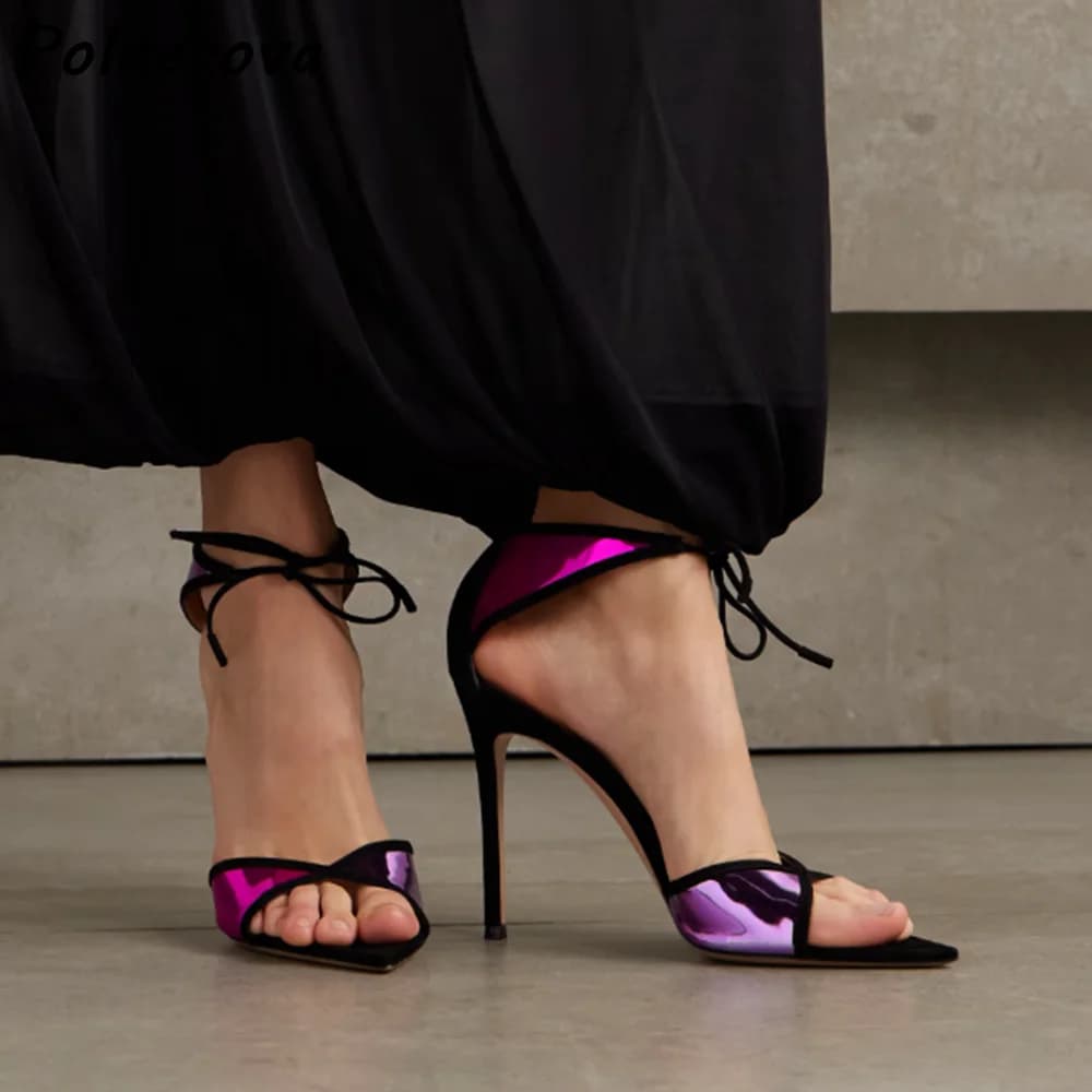 Pink purple patchwork sandals in patent leather with black edge, fastened, pointed, with stiletto heel, sexy summer shoes and elegant catwalk shoes