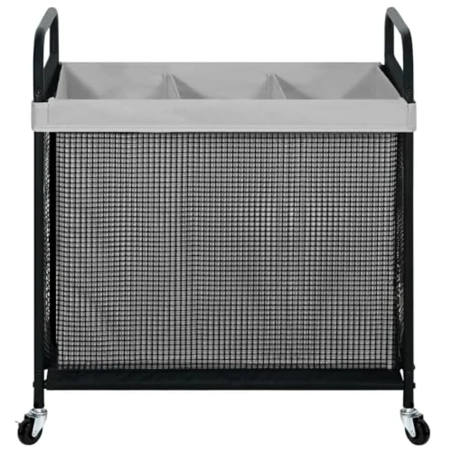 Cesto Portabiancheria a 3 Scomparti 120L con Ruote, Carrello Portabiancheria con Sacca Rimovibile e Lavabile, Cesto per Vestiti con Ruote