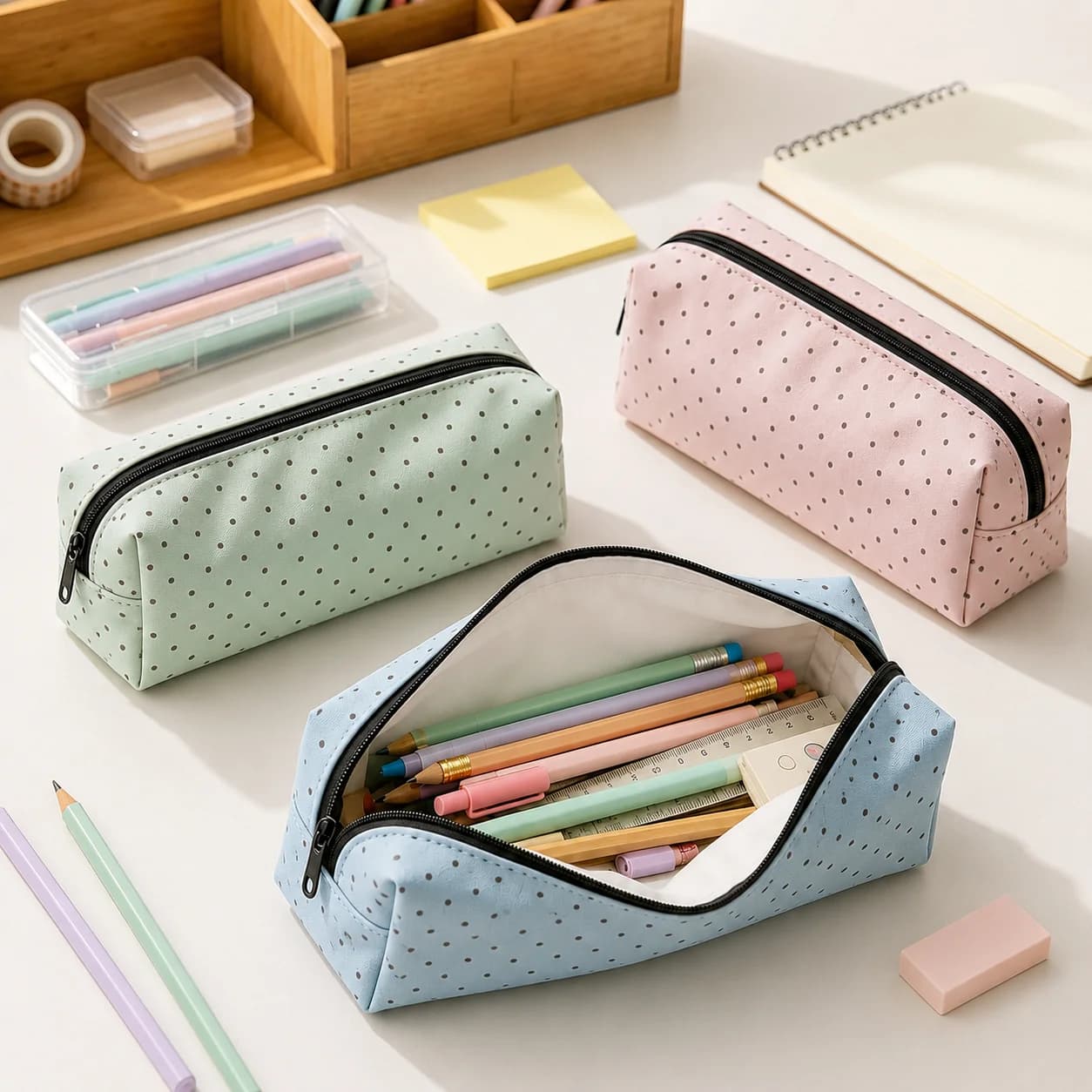 Pastel Pencil Case Polka Dot Large Capacity Pencil Pouch Zipper Stationery Storage Bag for Students Girls School Office Travel
