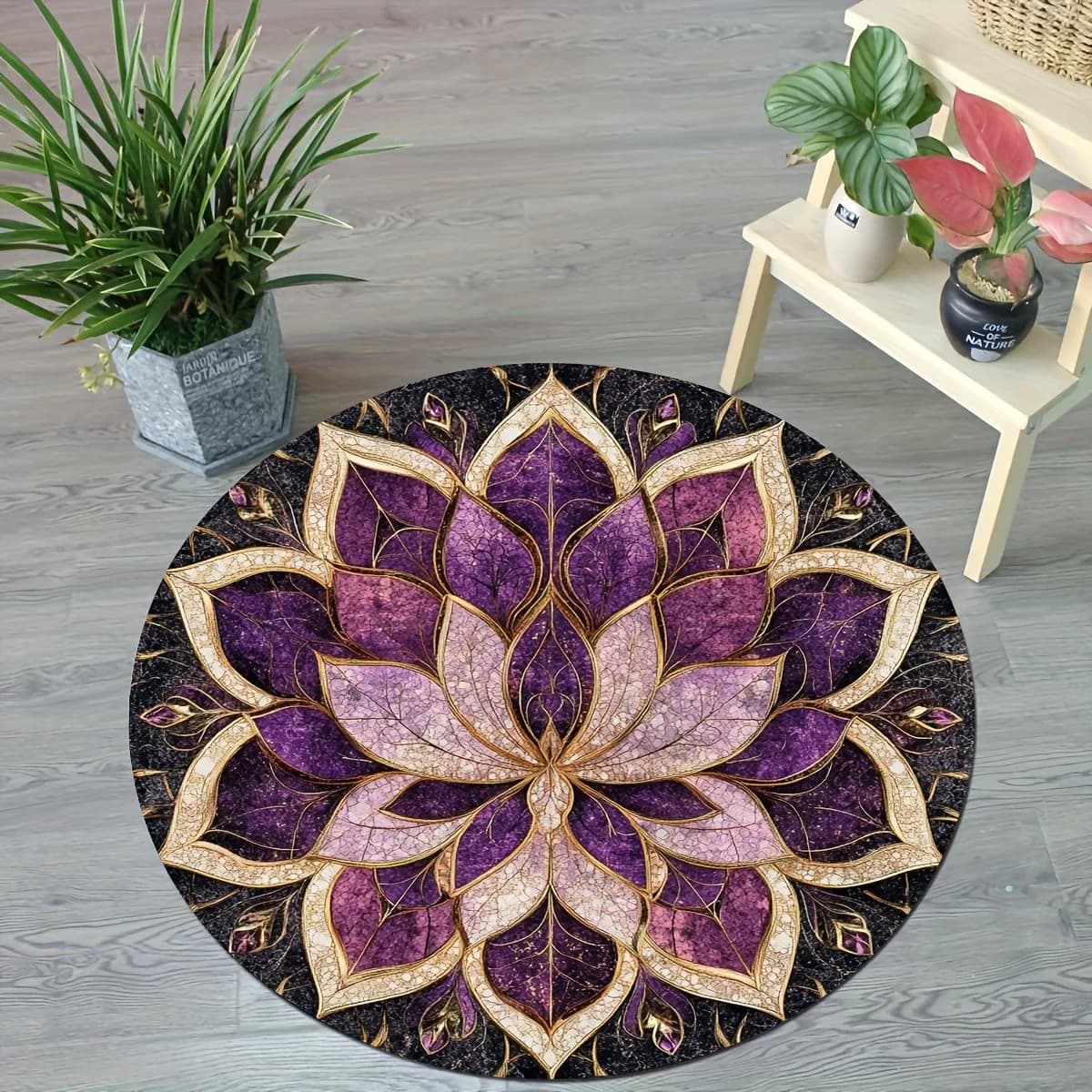Zen Lotus Floral Print Round Area Rug – Purple Meditation Cushion and Yoga Sitting Pad for Living Room and Indoor Decor