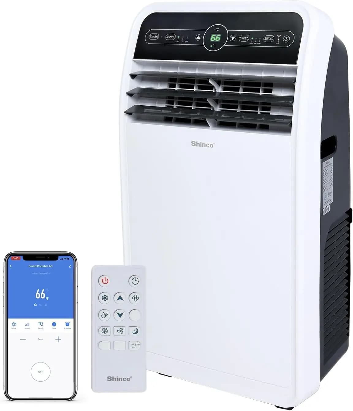 Condizionatore d'aria portatile Shinco da 10.000 BTU, unità AC portatile con funzione di raffreddamento integrata, abilitato per Wi-Fi, per ambienti fino a 400 piedi quadrati.