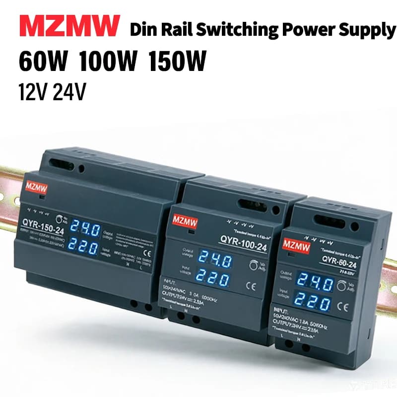 Alimentatore switching su guida DIN MZMW 60W 100W 150W 100-240V AC/DC 12V 24V con display digitale per CCTV, strisce LED e applicazioni industriali SMPS