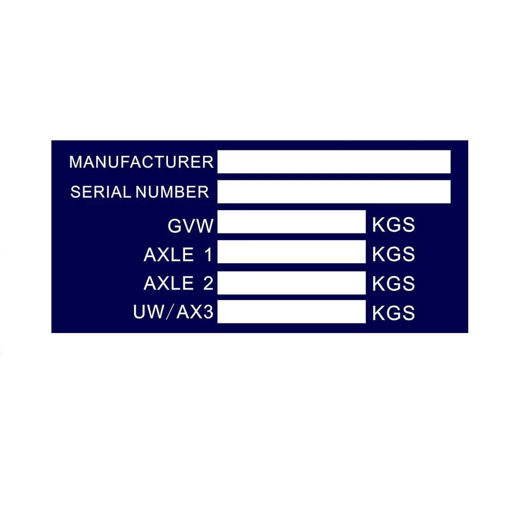 Trailer weight plate Double axis plant frame plate ID BLANK VIN PLATES