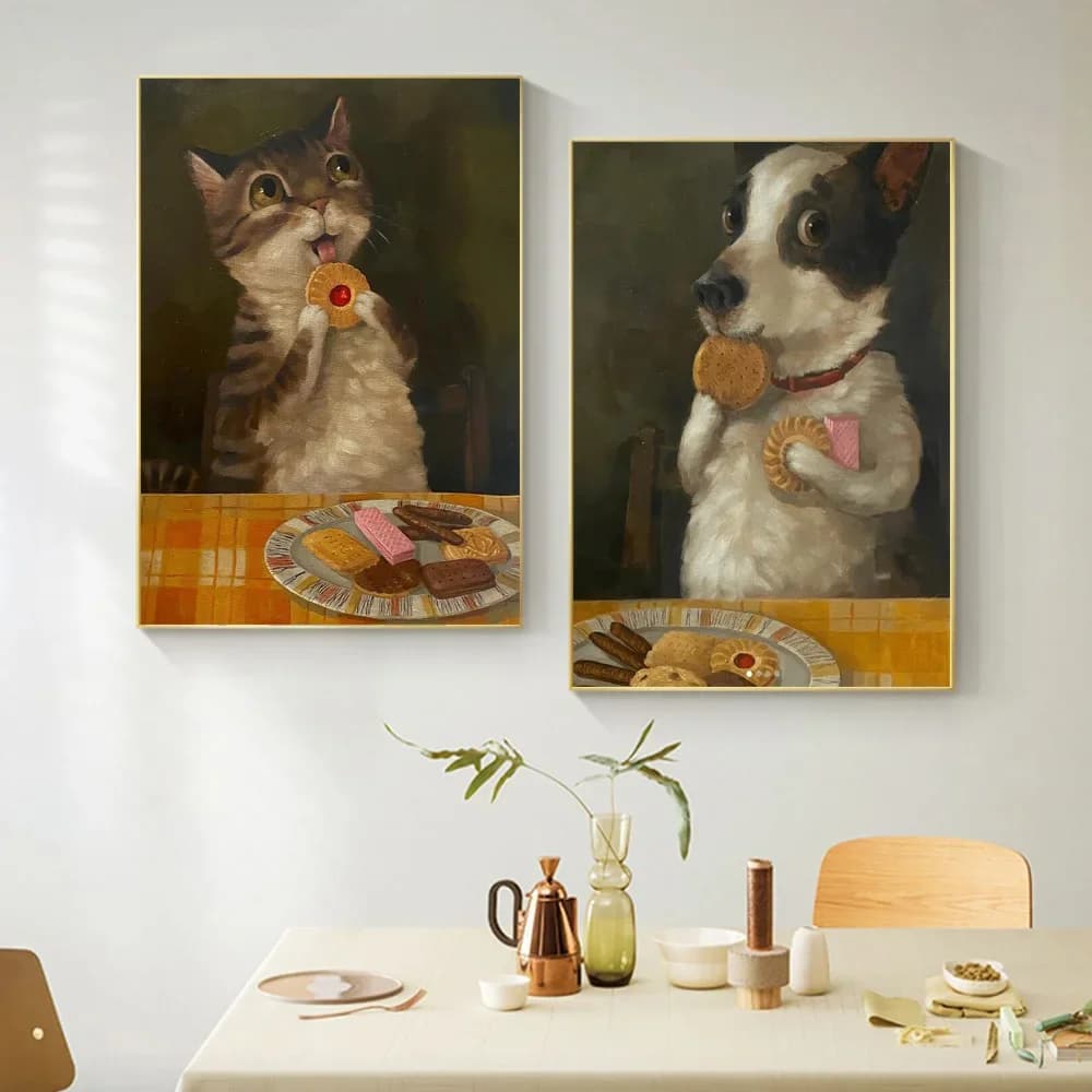 Divertente Retro Art Print Cute Dog mangiare snack Poster Retro Animal Wall Decoration Animal mangiare Cookie Cake Canvas Painting