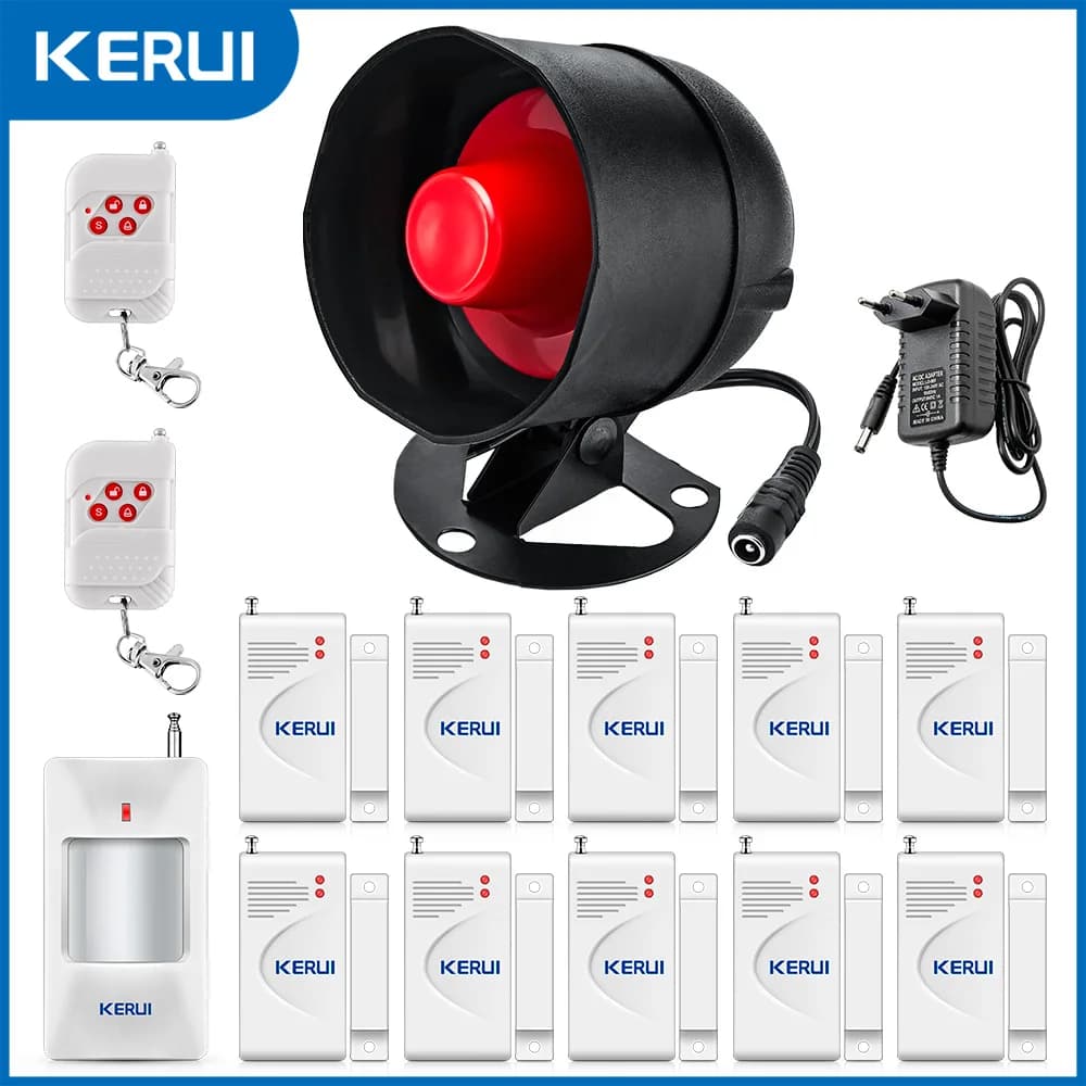 KERUI Kit sistema di allarme di sicurezza 110dB Corno sirena resistente alle intemperie per interni/esterni senza fili con telecomando e contatto porta
