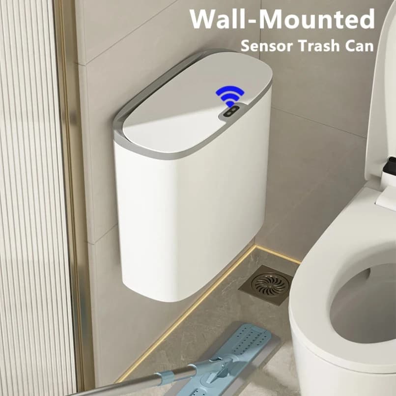 Bidone della spazzatura intelligente da bagno da 14 litri, pattumiera impermeabile montata a parete, con sensore automatico, pattumiera stretta per cucina