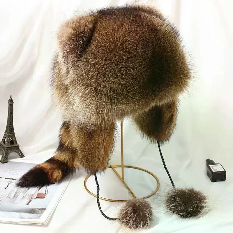 Women's Winter Bomber Hat with Raccoon Tail Plush Ear Flaps Windproof Warm Fashionable Outdoor Russian Style Cap