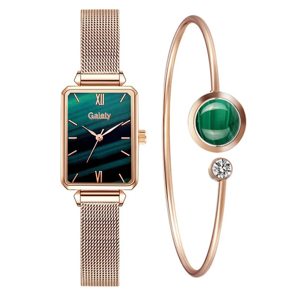 2 pieces Women's Fashion Square Ladies Quartz Watch Simple Rose Gold Mesh Luxury Women's Watches Relogio Female