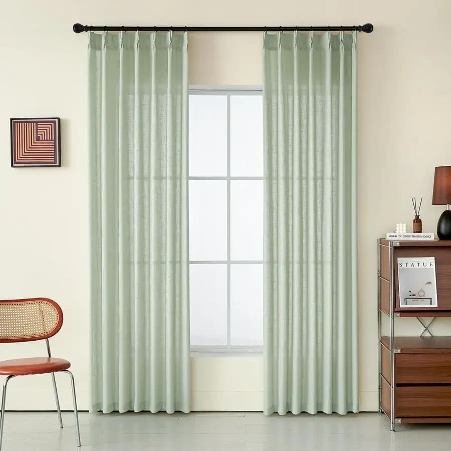 Green Linen Curtains Plissettate Lungs 228 cm for Living Room and Bedroom, Filtranti la Luce, Style Boho Semi-transparent with Languages Folding Posters