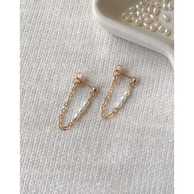 Orecchini a catena di perle, orecchini placcati in oro 14K