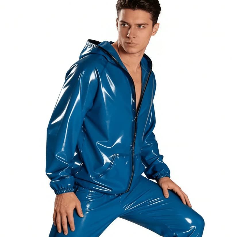 Blue and black transparent latex jacket, sexy, with front zipper, pockets with hood, rubber coat