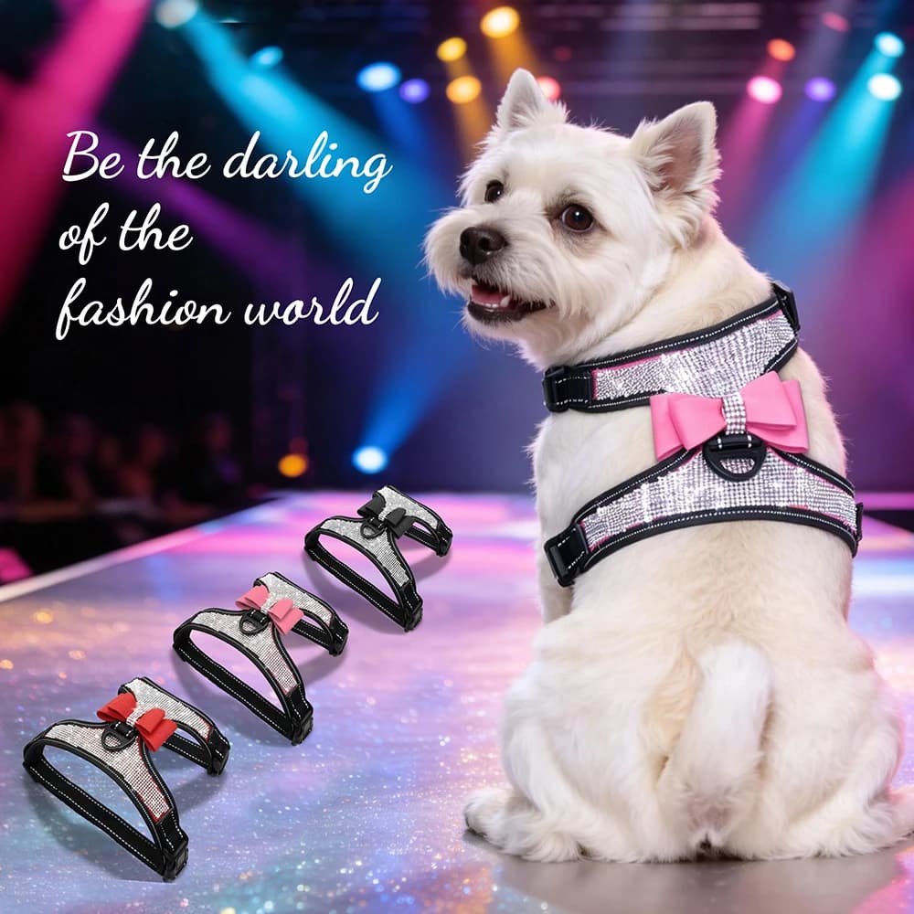 Fashion Bling Rhinestones Diamante Reflective Dog Harness Pet Puppy Vest with Cute Bowknot for Yorkshire Jack Russell