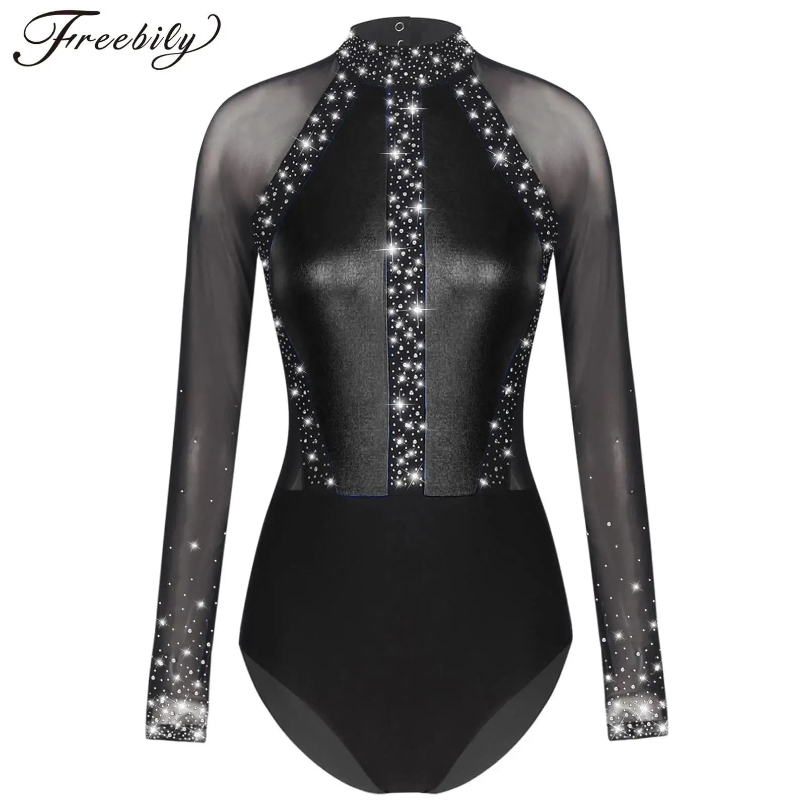 Body da pattinaggio su ghiaccio a maniche lunghe da donna con strass lucidi Maglia trasparente Balletto Danza Ginnastica ritmica Body Dancewear