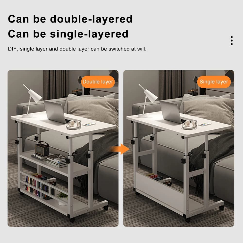 Scrivania Mobile per Laptop Regolabile, Tavolino da Letto per Laptop con Ripiani Multipli, Tavolo in Legno con Scaffale Portaoggetti per Casa e Ufficio