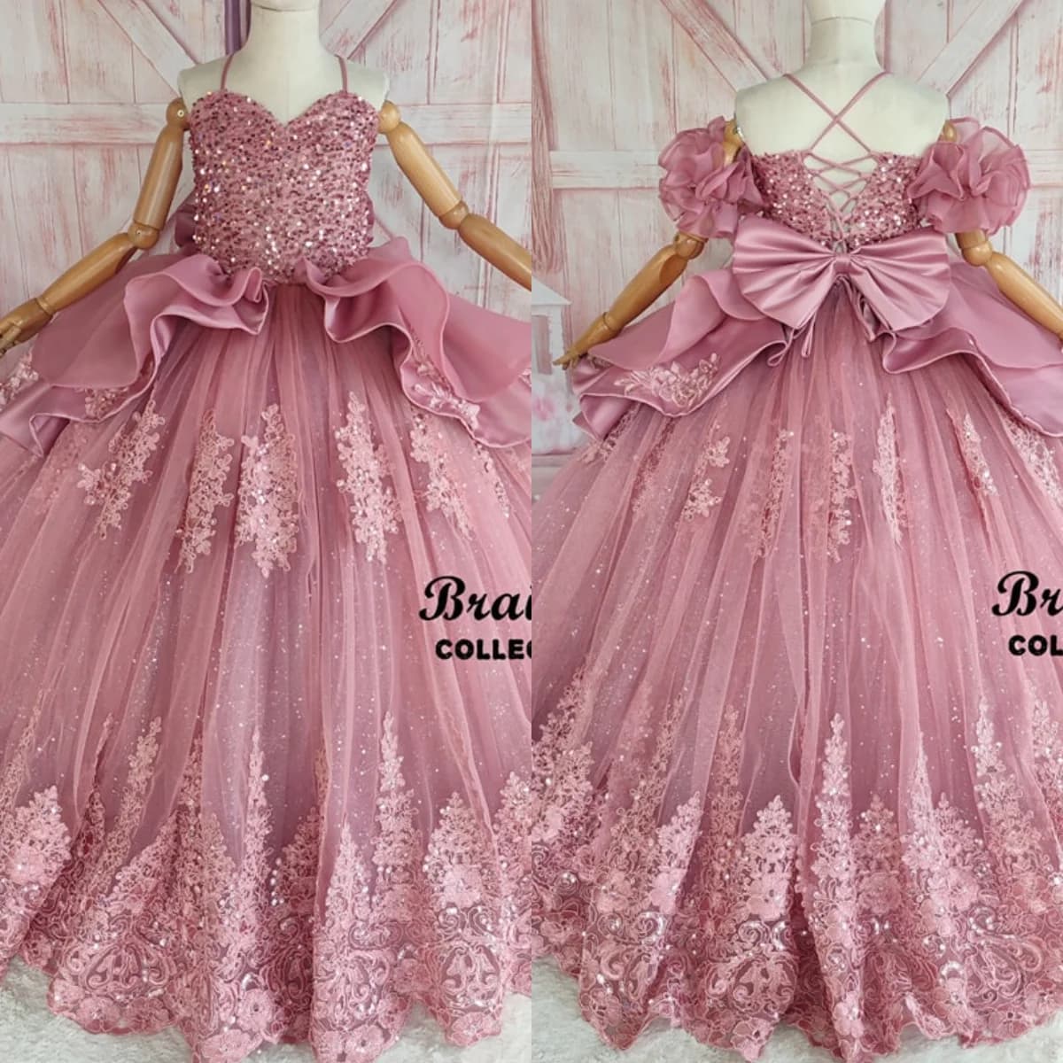 Abiti da festa di compleanno per ragazze rosa polveroso Abiti da ragazza di fiori da principessa in pizzo con paillettes Abiti da ballo per bambini personalizzati