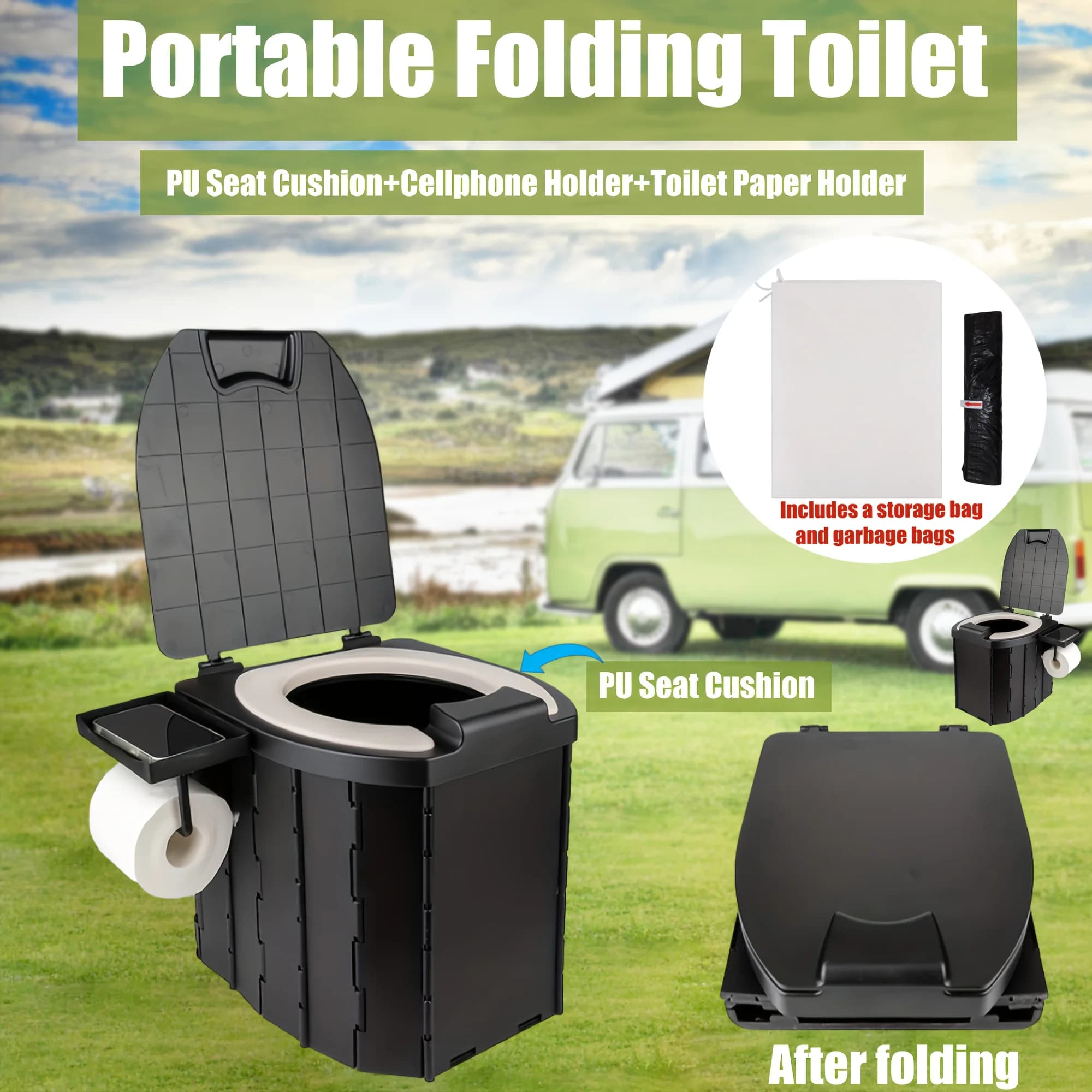 Portable Folding Toilet with PU Seat Cushion Includes Cellphone Holder Toilet Paper Holder Ideal for Camping Hiking and Outdoor