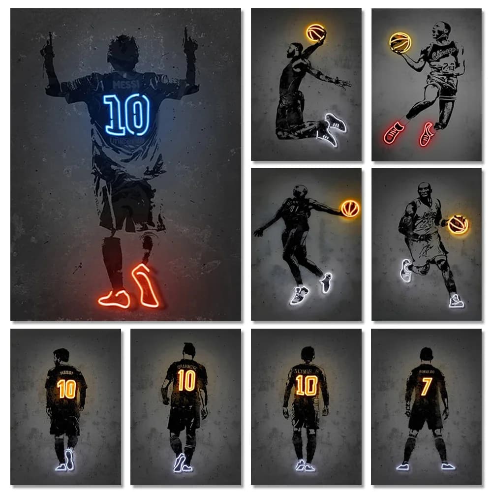 Wall Art Poster in Neon Style World Famous Basket Soccer Stars Pop Wall Decorations for Modern Home Painting on Canvas Images Stamps G