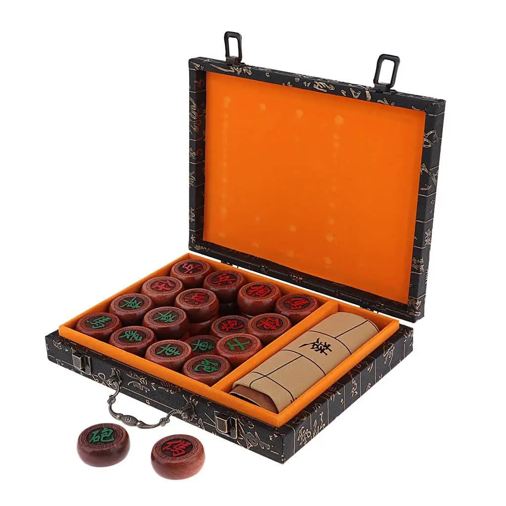Set di scacchi cinesi vintage in palissandro Set da gioco da viaggio Xiangqi con scatola di legno e