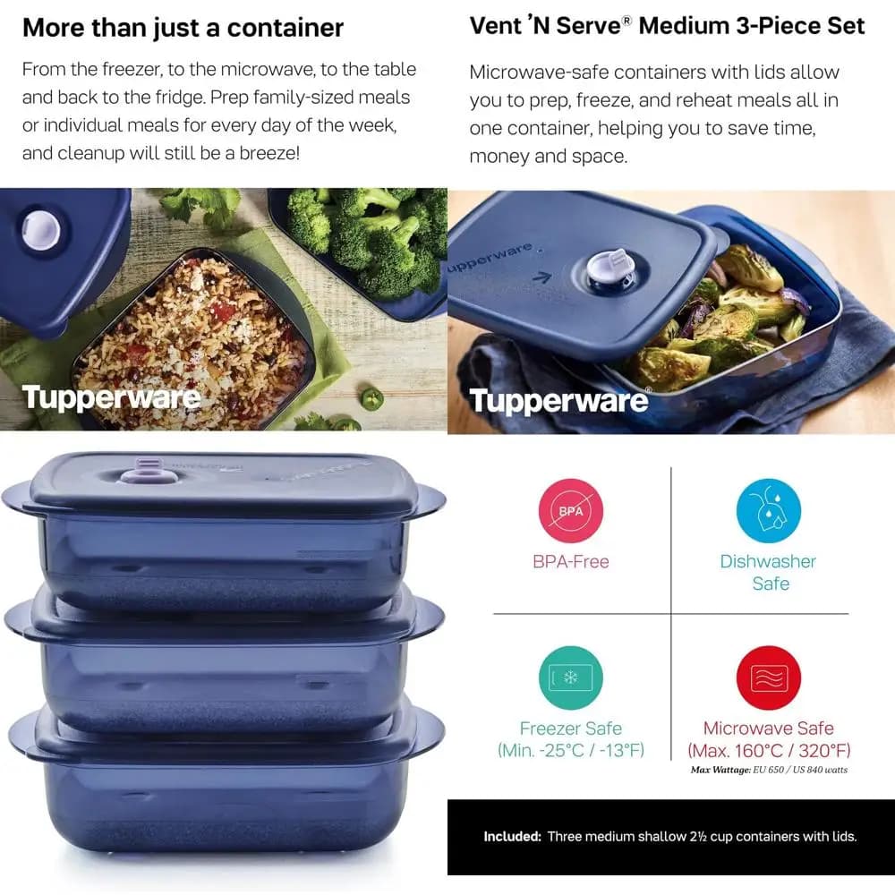 Contenitori per la preparazione dei pasti medio poco profondi in 3 pezzi con coperchi - Sicuro per congelare, riscaldare e lavastoviglie - Senza BPA